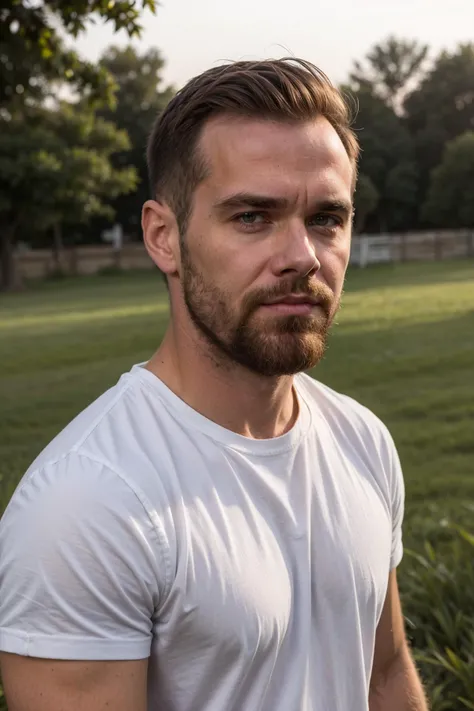 (closeup) face portrait of matthew_bosch contemplatively gazing towards the horizon wearing a crisp white shirt, rolled up sleeves, contemplative, hopeful, and forward-looking mood, <lora:matthew_bosch-07:0.75>, heartland beauty, rustic and serene, blurred...