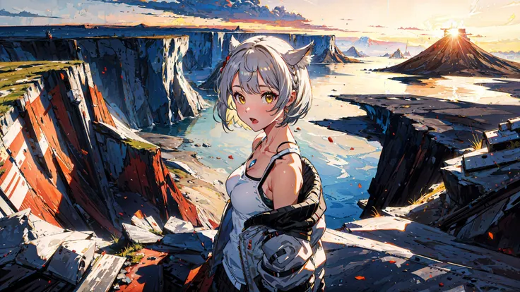 mio (xenoblade), 1girl, animal ears, bare shoulders, grey hair, braid, breasts, fingerless gloves, gloves, jacket, looking at viewer, off shoulder, open mouth, short hair, solo, white gloves, yellow eyes, <lora:mio:0.6>,
standing,volcano,cliff,horizon,, ma...