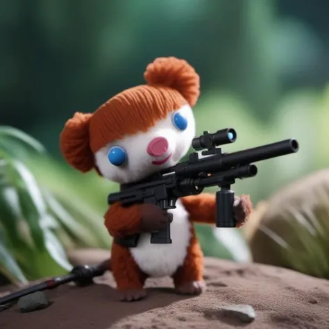 there is a toy bear holding a gun on a rock