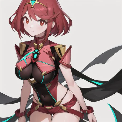 {best quality}, {{masterpiece}}, {highres}, extremely detailed girl, (((breast focus))), ((pretty eyes)),pyra(xenoblade), <lora:pyraMythraPneuma_50Epochs:0.5>, simple background,  masterpiece, official art,  skin tight, jewelry, large breasts,   red eyes, ...