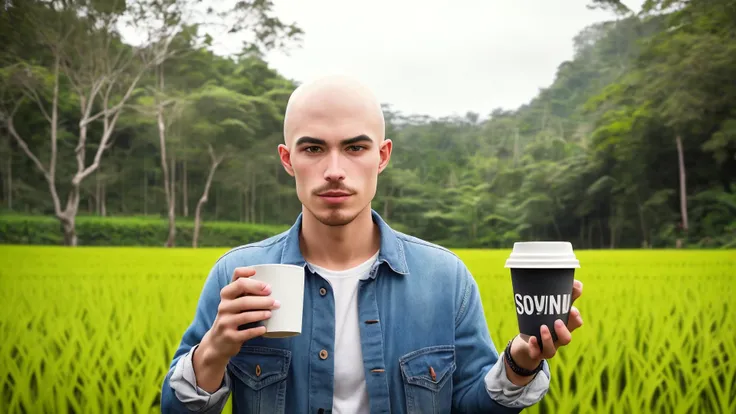 arafed man holding a cup of coffee in front of a field