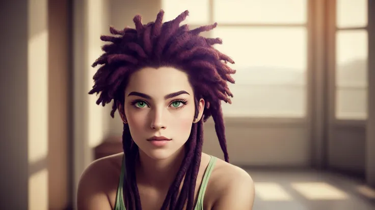 a close up of a woman with dreads sitting in a room