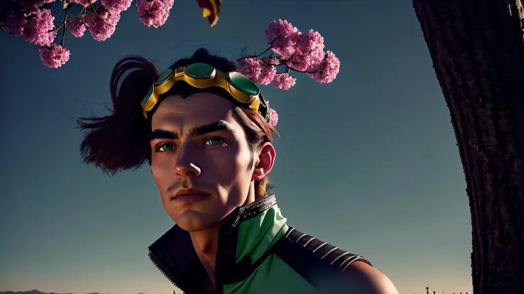 there is a man with a flower in his hair and a green shirt