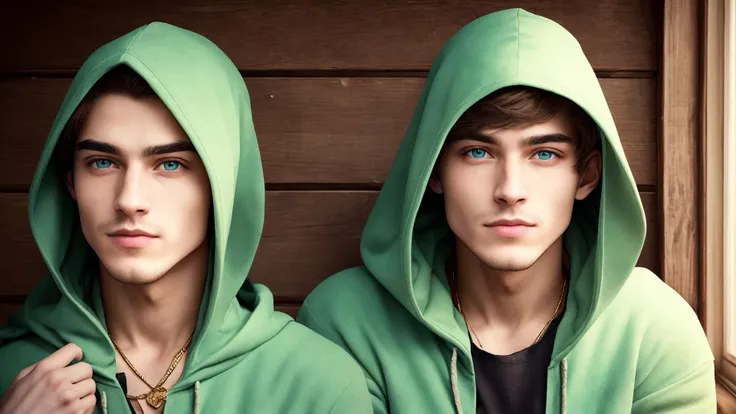 two young men in green hoodies are posing for a picture