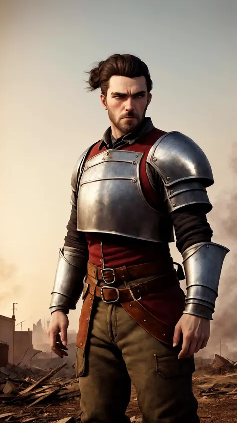 a close up of a man in armor standing in a field