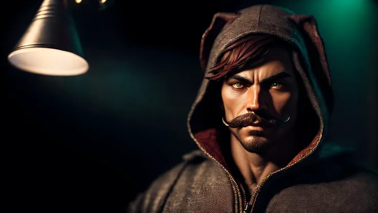 a close up of a man with a mustache and a hoodie