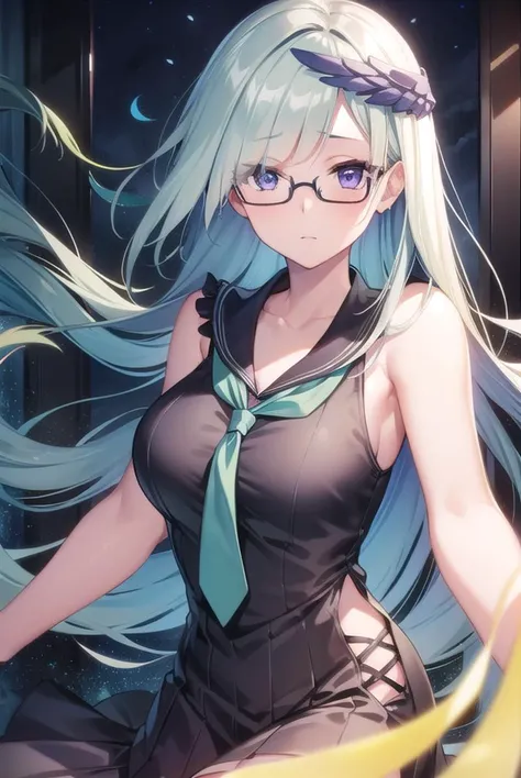 brynhildr, <lyco:brynhildr-lyco-nochekaiser:1>,
brynhildr, aqua hair, long hair, (purple eyes:1.1),
BREAK bare shoulders, black dress, black-framed eyewear, blue wings, collarbone, dress, feathered wings, glasses, green neckwear, hair over one eye, head wi...