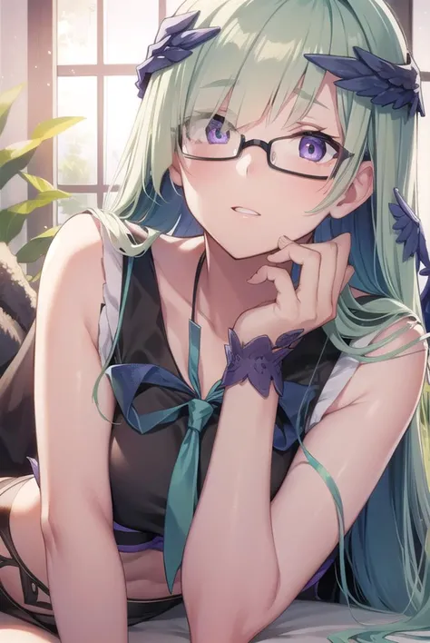 brynhildr, <lyco:brynhildr-lyco-nochekaiser:1>,
brynhildr, aqua hair, long hair, (purple eyes:1.1),
BREAK bare shoulders, black dress, black-framed eyewear, blue wings, collarbone, dress, feathered wings, glasses, green neckwear, hair over one eye, head wi...