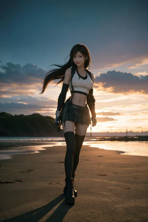 tifa_lockhart,masterpiece,best quality,highres,realistic,Cinematic Lighting,depth of field,looking_at_viewer,4k,Photography,35mm,photorealistic,realistic photo,blurry background,professional,perfect lighting,1girl,solo,medium breasts,navel,smile,standing,l...