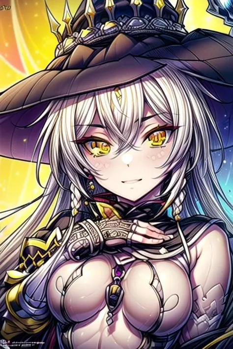 hilda, yellow eyes, long hair, very long hair, braid, twin braids, white hair, hat, leotard, see-through, witch hat, fingerless gloves, jewelry, black gloves, (masterpiece:1.2), best quality, high resolution, unity 8k wallpaper, (illustration:0.8), (beauti...