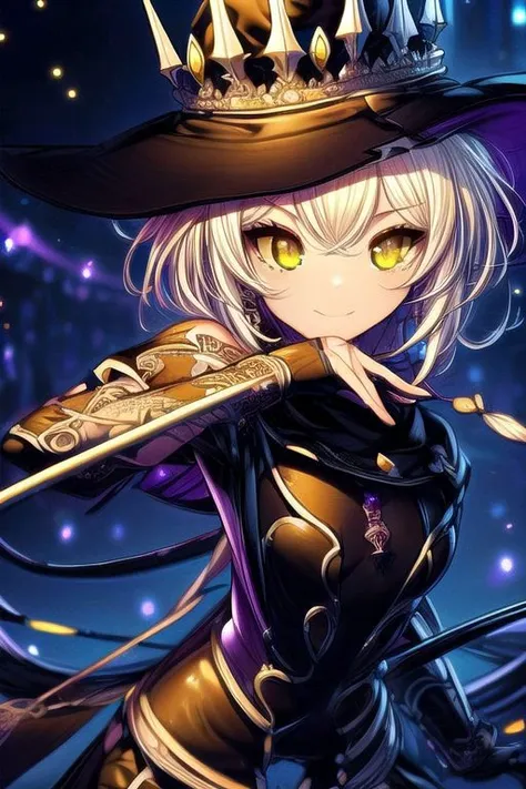 a woman in a witch hat holding a sword and a wand