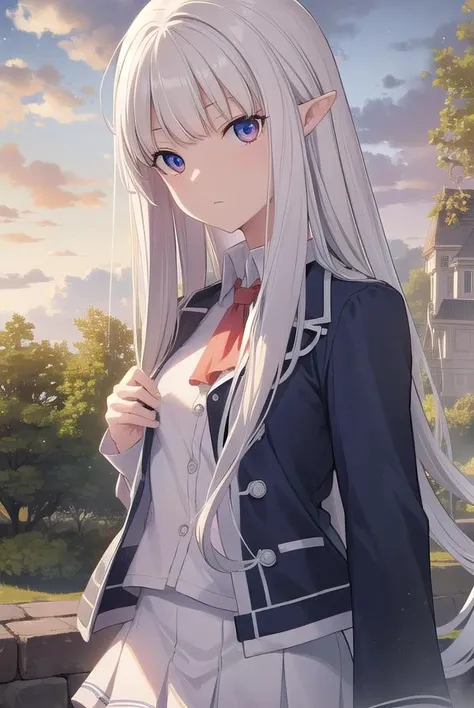 cheong, <lora:cheong manhwa-lora-nochekaiser:1>,
cheong, long hair, bangs, (red eyes:1.2), white hair, pointy ears, curly hair,
BREAK skirt, shirt, thighhighs, jacket, zettai ryouiki, ascot, white skirt, collar, long sleeves, blue shirt,
BREAK outdoors, na...