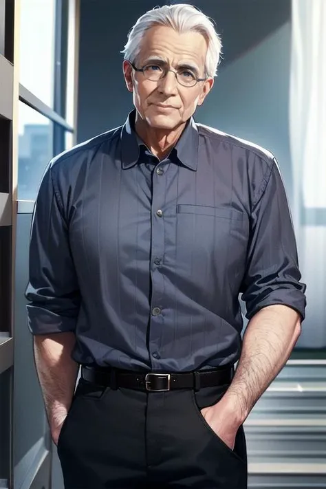 a close up of a man in a blue shirt and black pants