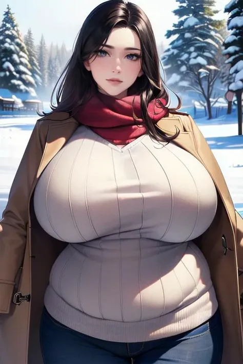 a woman in a brown coat and jeans standing in the snow