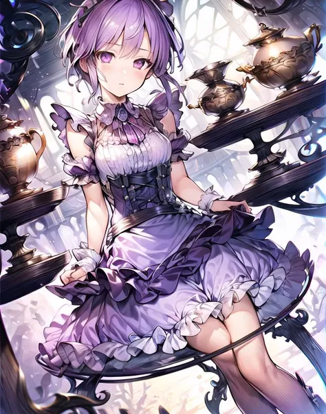 masterpiece,(highres),best quality,one girl,<lyco:S&L:0.7>,(purple short hair)),Spinaria,beautiful,detailed,depth of field,sit down,((maid))