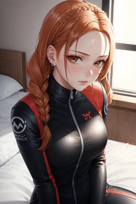 (high angle, upper body:1.2) photo of 
madpetsch 
she is wearing  bikesuit 
her hair is styled as dutch braided bangs,
she is wearing earrings,
BREAK she is (sitting on a bed:1.1),
soft natural lighting,