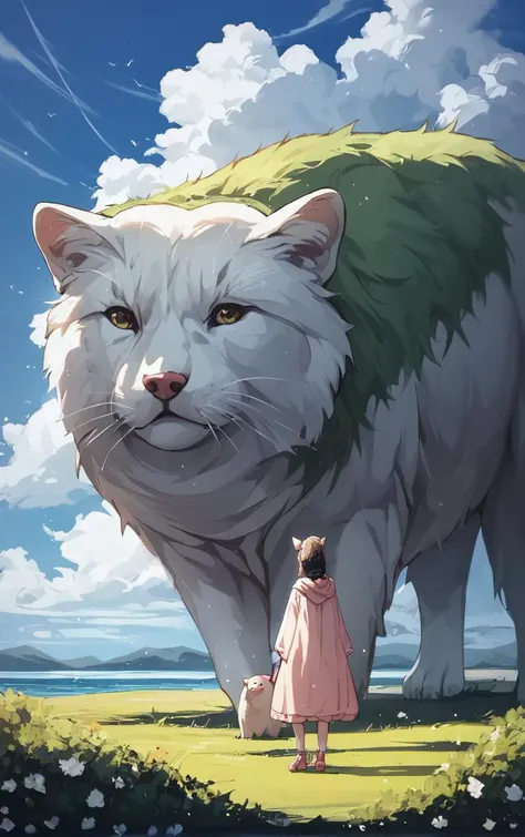 a woman standing in front of a cat on a field