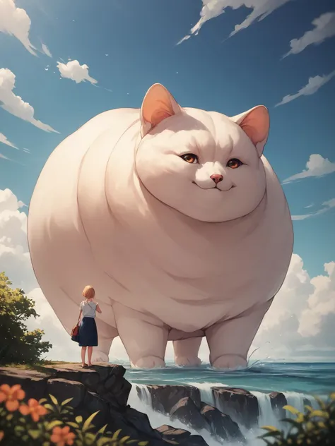 a woman standing next to a giant white cat on a cliff