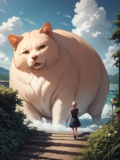 a woman walking down a path towards a giant cat