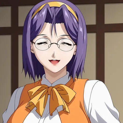 anime girl with purple hair and glasses in a room