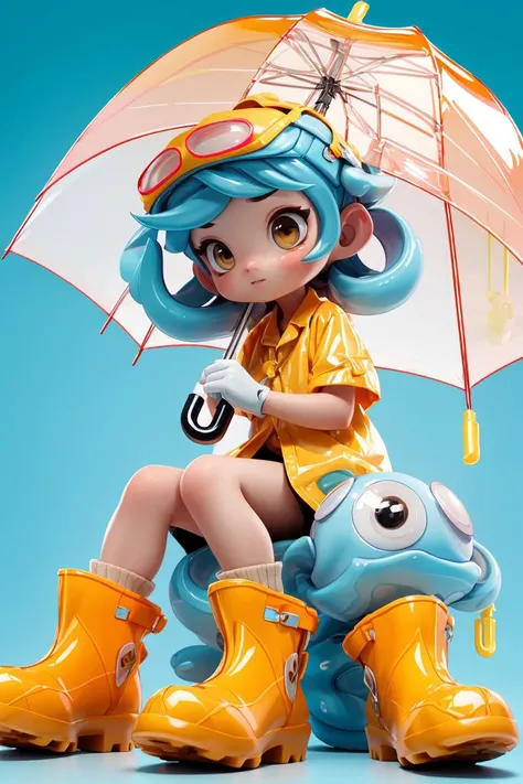 masterpiece, best quality, 8k, cinematic light, ultra high res, chibi, 1girl, holding umbrella, rubber boots, sitting, boots, solo, tentacle hair, skirt, transparent, short sleeves, long hair, raincoat, blue hair, brown eyes, yellow footwear, shorts, goggl...