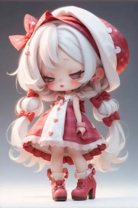 masterpiece, best quality, highly detialed, (chibi), cute, (full body), (pink lips:1.2), blush, empty  eyes, pout, Bokeh, (thick  lips), glittering, sparkle, <lora:chibi-v1:1>
1girl, dress, solo, heart, long hair, white hair, plaid, red dress, high heels, ...