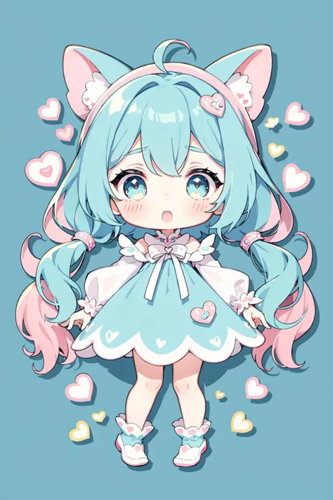 a cartoon girl with blue hair and pink ears and a dress