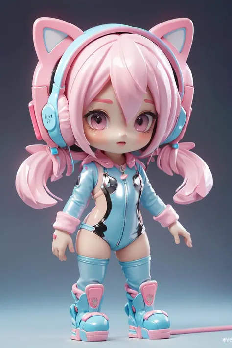 a close up of a doll with pink hair and headphones