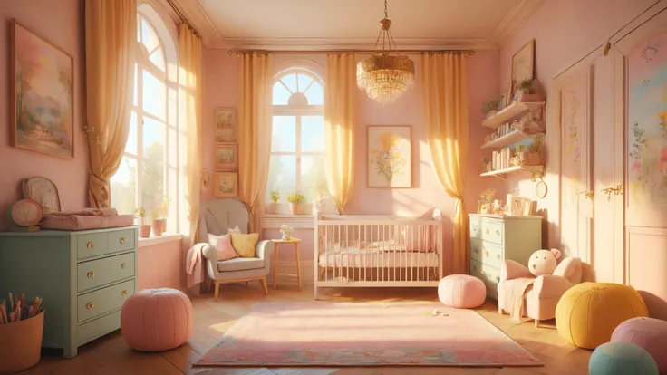 zavy-rmn Intimate nursery with soft pastels,, Sunshine rays, inkpunk style, sharp focus  trending on artstation, HQ, deviantart, art by artgem<lora:zavy-rmn-sdxl:0.8> <lora:MJ52:0.4> <lora:IPXL_v8:0.7>