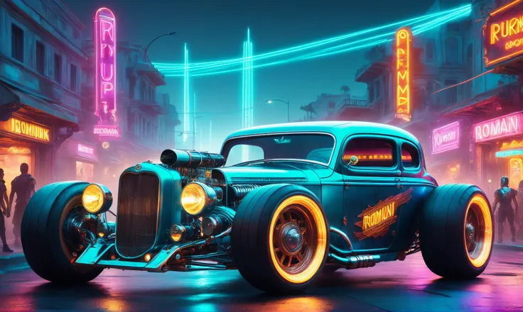 photorealistic, detailed digital illustration of a <lora:RomanPunkAI:0.7> romanpunkai, old, scifi rat rod at a Neon-lit streets with hovering billboards <lora:xl_more_art-full_v1:0.4>, Sunrays shine upon it, <lora:IPXL_v8:0.7> inkpunk style