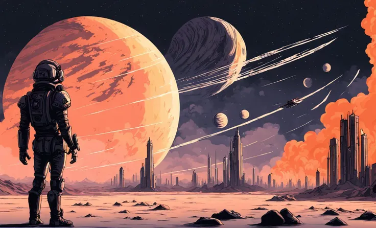 inkpunk style illustration concept art of a landscape,dusk,science fiction city in the desert,future air orbits,the horizon sees the giant saturn,fire meteors piercing the sky,
<lora:IPXL_v2:0.8>,