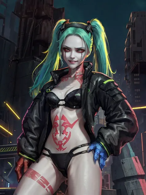 1girl, rebecca (cyberpunk), solo, twintails, black hairband mechanical eye, colored sclera, red sclera, colored skin, white skin, leg tattoo, neck tattoo, green hair, small breasts, black bra, thong, red pupils, skin fang, red eyes, black jacket
mechanical...