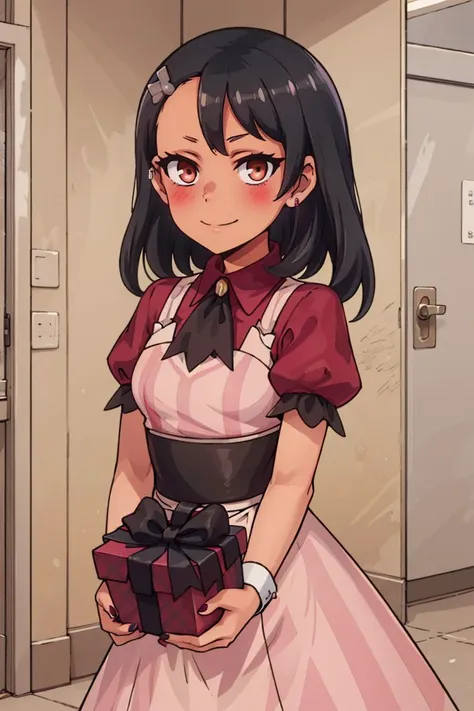 anime girl in a pink dress holding a present in a hallway