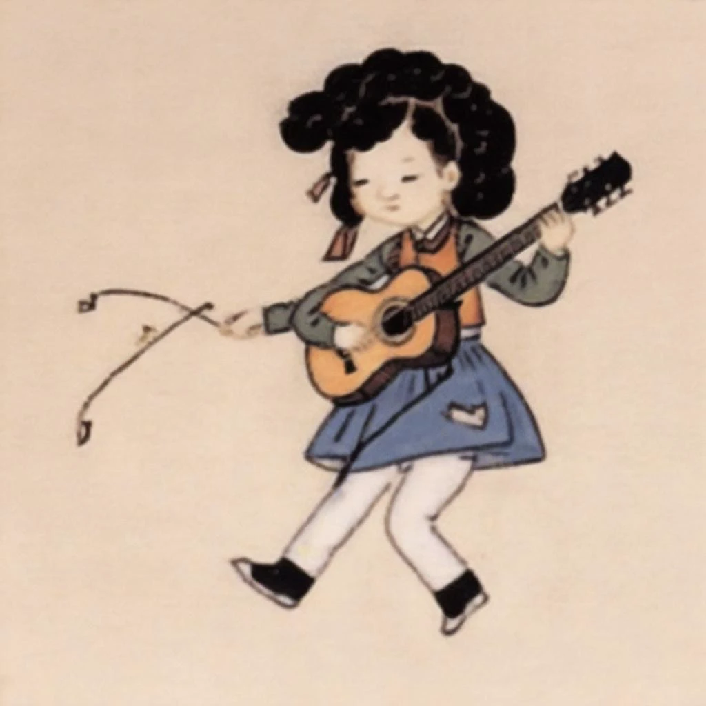 cartoon of a girl with a guitar and a stick