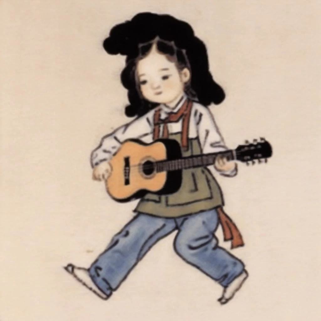 a close up of a child with a guitar walking