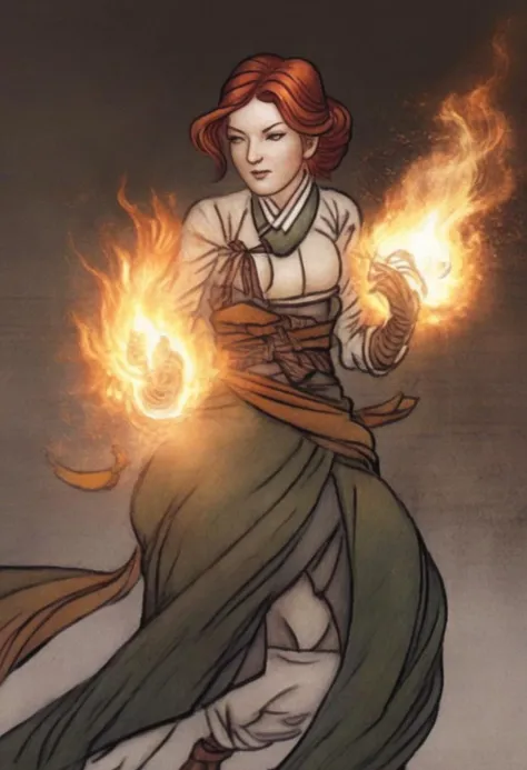 best quality, shinyunbok painting, an image of Triss Merigold using her fire magic in combat.