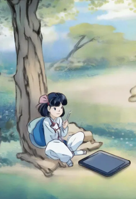 Pokmon style shinyunbok painting, a girl looking at tablet pc, under the tree, sitting on ground . Vibrant, cute, anime, fantasy, reminiscent of Pokmon series