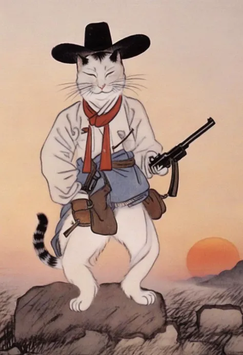 best quality, shinyunbok painting, a cowboy cat holding a gun, sunset in the background