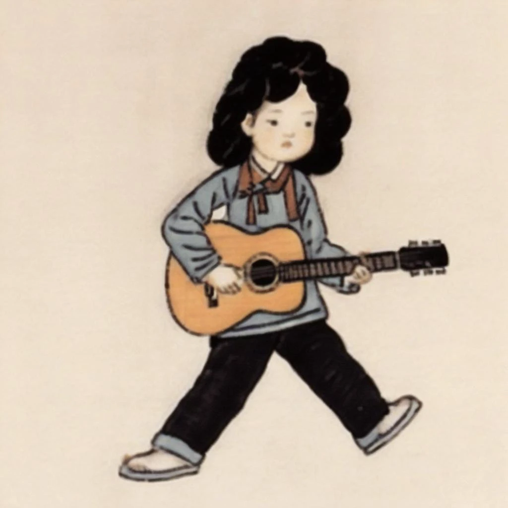 cartoon of a girl with a guitar walking and holding a guitar