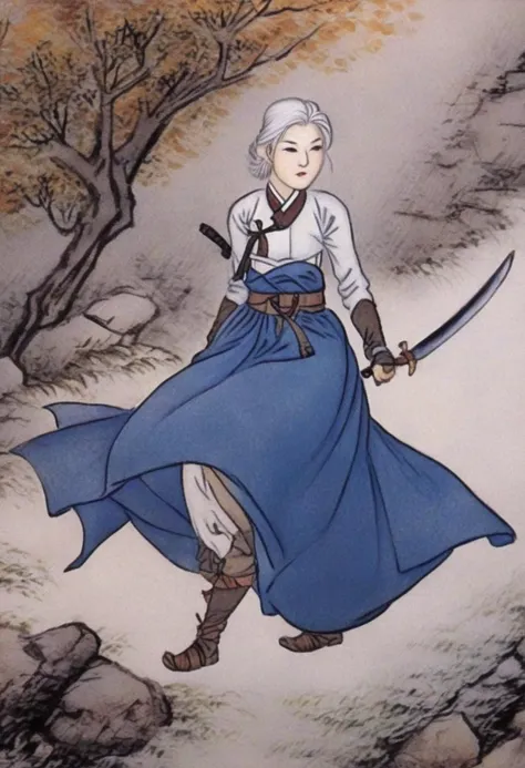 a close up of a woman in a blue dress holding a sword