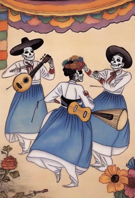 best quality, shinyunbok painting, an illustration of a mariachi band playing lively music at a Day of the Dead fiesta.