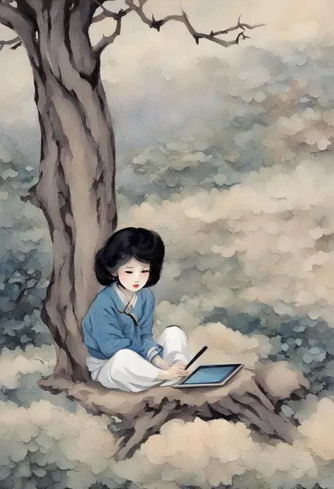 painting of a girl sitting under a tree with a laptop