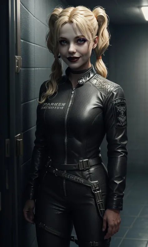 harleyssktjl2024, 1girl, in padded room, photorealistic, 8k, uhd, masterpiece, detailed skin, skin pores, intricate, depth of field, full body, raw image, twintails, makeup, blonde hair, crazy smile, cinematic lighting, wearing straitjacket, prison clothes...