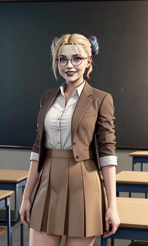 harleyssktjl2024, 1girl, model shoot, brown suit, brown skirt, classroom, chalkboard, naughty teacher, glasses, pov, photorealistic, 8k, uhd, masterpiece, detailed skin, skin pores, intricate, depth of field, full body, raw image, double bun, makeup, blond...