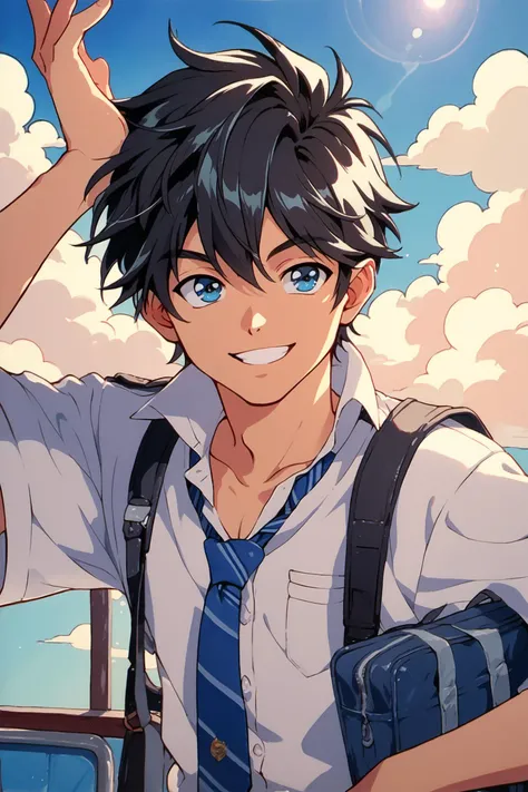 1boy,solo,male focus,necktie,black hair,cloud,sky,day,blue eyes,school uniform,traditional media,smile,score_9,score_8_up,score_7_up,<lora:hrn_yc_XL_PONY:0.9>,