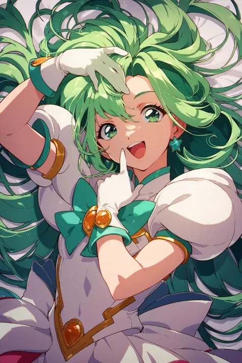 1girl,gloves,green hair,solo,green eyes,long hair,white gloves,open mouth,smile,jewelry,magical girl,puffy sleeves,score_9,score_8_up,score_7_up,<lora:hrn_yc_XL_PONY:0.9>,