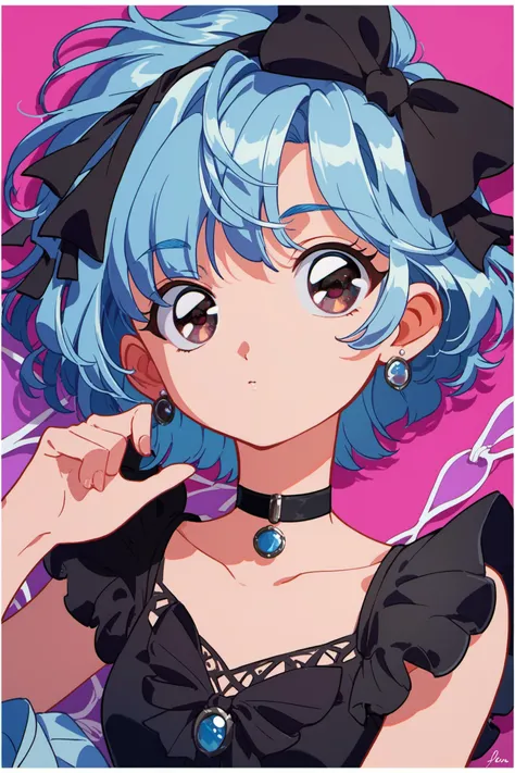 1girl,solo,black dress,dress,choker,blue hair,short hair,earrings,jewelry,puffy sleeves,short sleeves,black choker,bow,upper body,puffy short sleeves,collarbone,hair bow,ribbon,looking at viewer,hair ribbon,border,bangs,black bow,score_9,score_8_up,score_7...