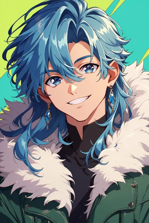 1boy,male focus,solo,smile,blue hair,long hair,earrings,jewelry,fur trim,green jacket,grin,looking at viewer,jacket,multicolored background,upper body,blue eyes,black shirt,hair between eyes,shirt,score_9,score_8_up,score_7_up,<lora:hrn_yc_XL_PONY:0.9>,