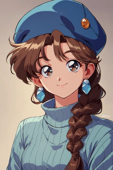 1girl,solo,brown hair,jewelry,earrings,hat,sweater,upper body,smile,long hair,braid,blue headwear,looking at viewer,long sleeves,beret,retro artstyle,ribbed sweater,score_9,score_8_up,score_7_up,<lora:hrn_yc_XL_PONY:0.9>,