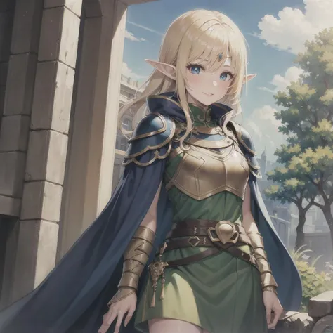 masterpiece, best quality, highly detailed, intricate design, brilliant colors, 1female, elf, blonde hair blue eyes, dress, armor, cloak, circlet, deedlit,  <lora:11deedlit-000012:0.5>